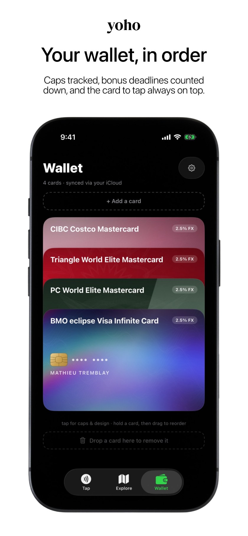 App Store screenshot — Your wallet, in order: the Yoho Wallet tab with four stacked cards